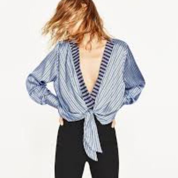 Zara Blue Striped Knot Plunging Bodysuit Small - Picture 1 of 8